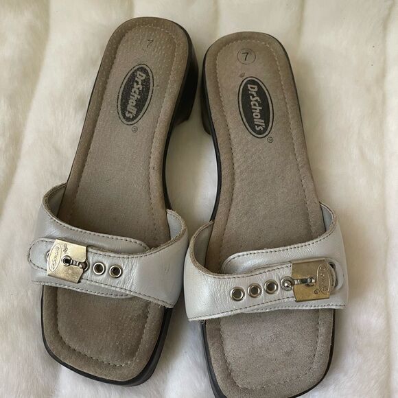 Dr Scholl’s light gray leather slides sandals side buckle square toe size 7 - Picture 12 of 16